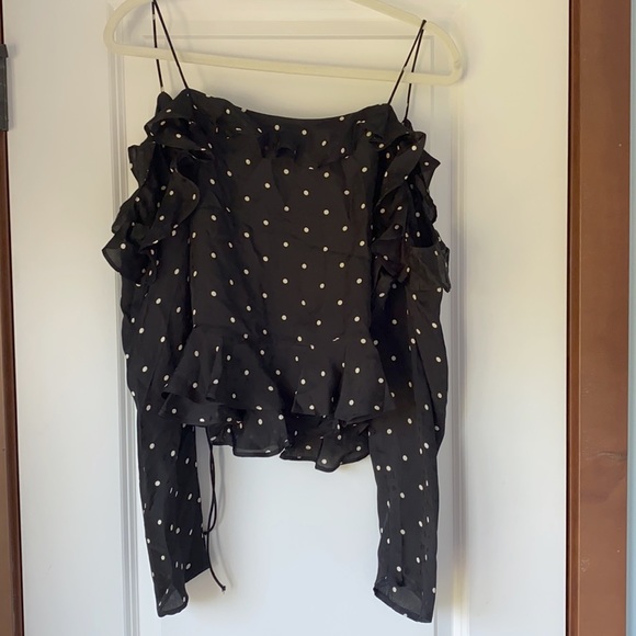 H&M Polka Dot Off The Shoulder Silky Ruffle Blouse/Top. Size US 12. Black/White. - Picture 9 of 11